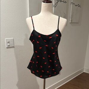 Black Spaghetti Strap Cami with Red Lip Print